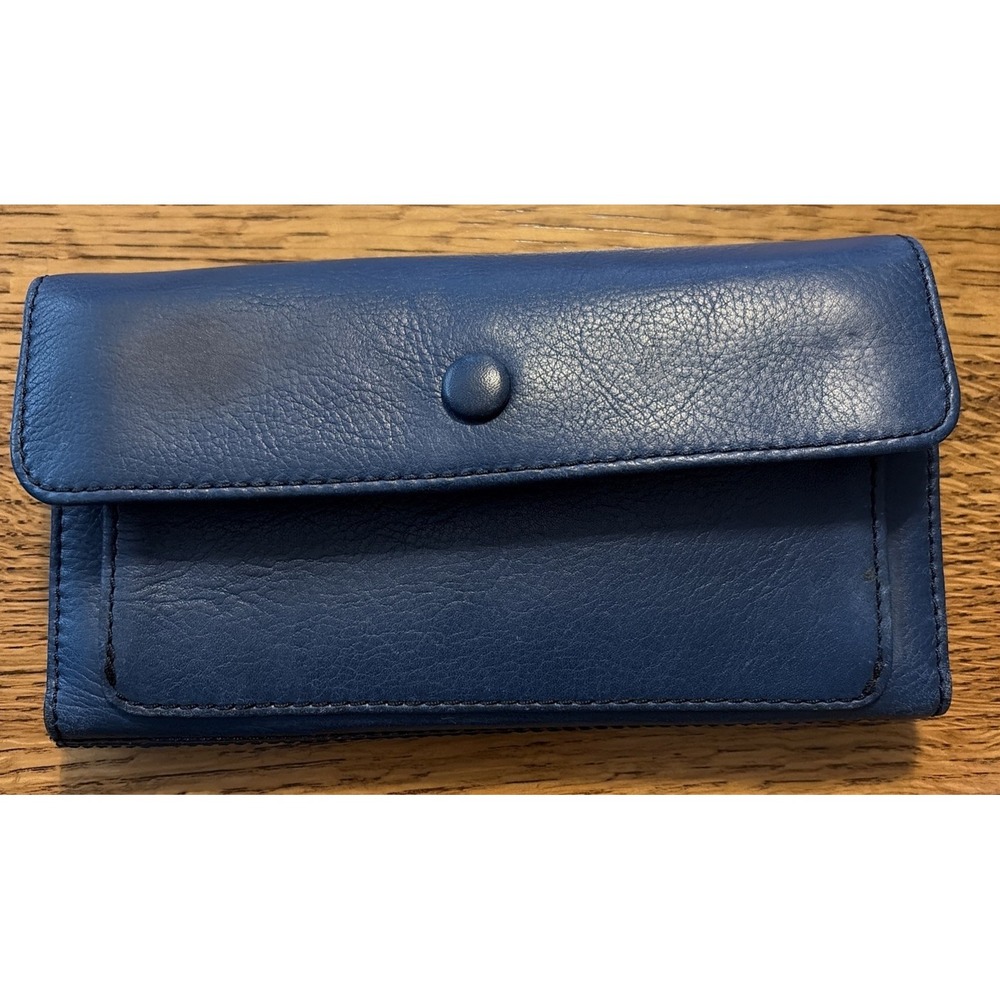 Fossil Womens Leather Wallet Trifold Window Pockets Snap Organizer Check Blue